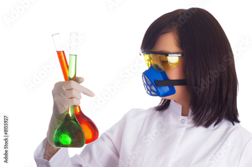 Woman with chemical tubes in the labatory on white photo