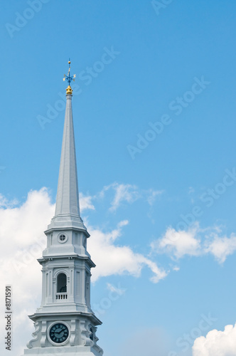 Принти на полотні White church steeple with clock and weather vane