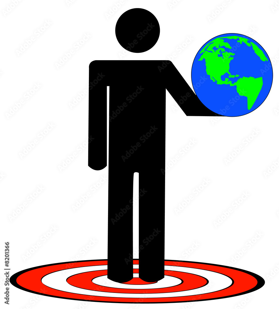 stick man or figure holding up earth standing on target 