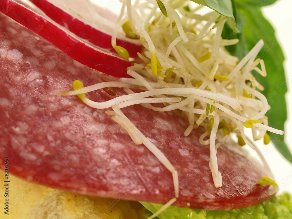 belegte brötchen,baguette,salami,salat,radieschen,sprossen Stock-Foto ...