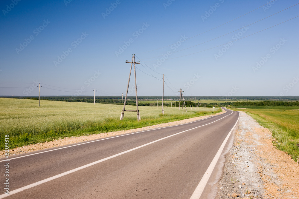 Grass meadow, blue sky and road