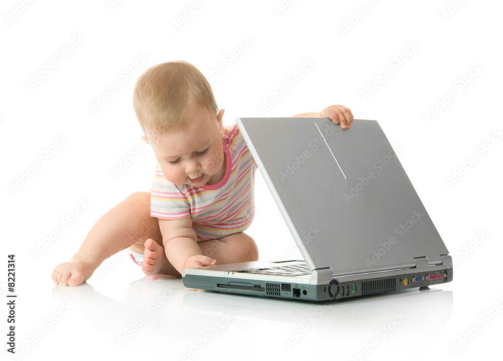 Small baby with laptop #3 isolated Small baby with laptop #3 isolated
