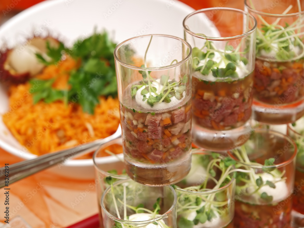vorspeise büffet,fleischsülze mit sauerrahm und kresse,salat vorspeise büffet,fleischsülze mit sauerrahm und kresse,salat