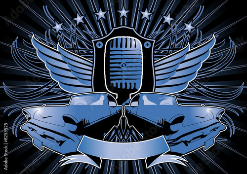 Insignia with shield, microphone and retro American cars.