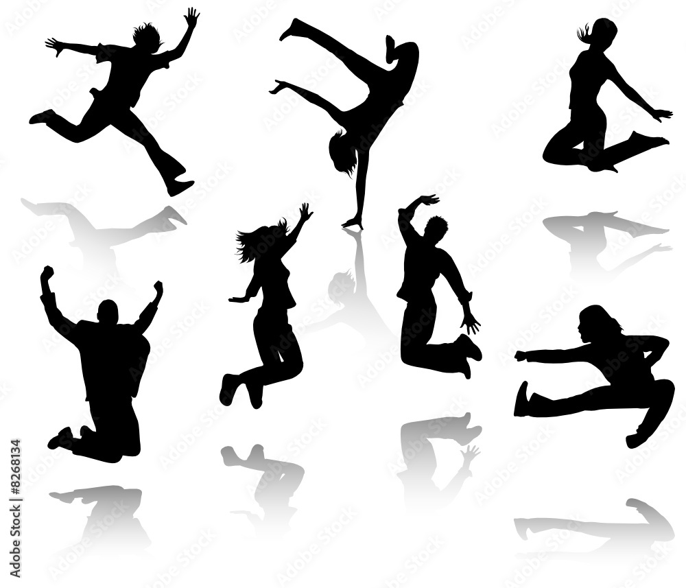 Silhouettes of seven jumping people