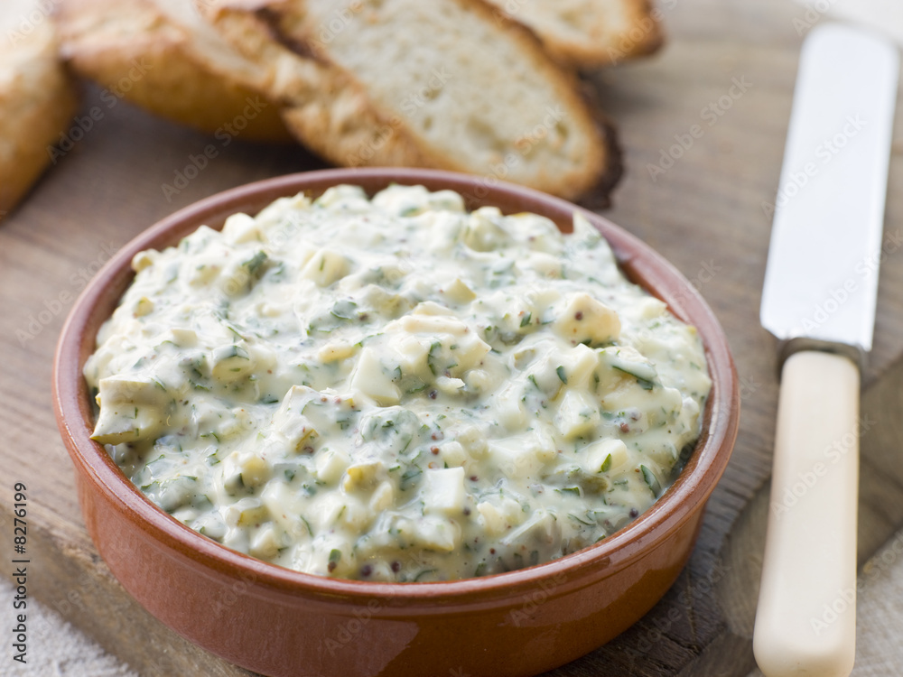 Dish of Sauce Gribiche with Toasted Baguette Dish of Sauce Gribiche with Toasted Baguette