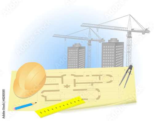 construction crane, architect plan,  helmet, building