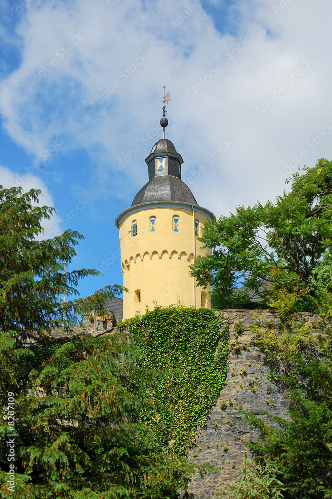 Schloss mit Schlossmauer und gelben Turm