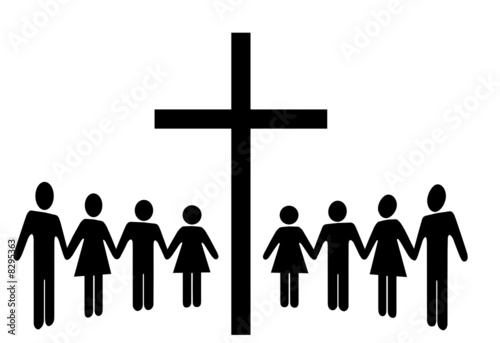 Group of People Hold Hands Gather Around a Cross