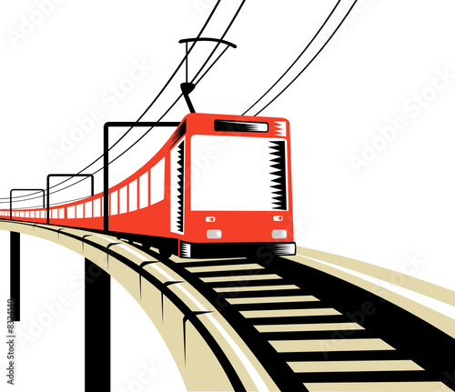 Electric train traveling over viaduct