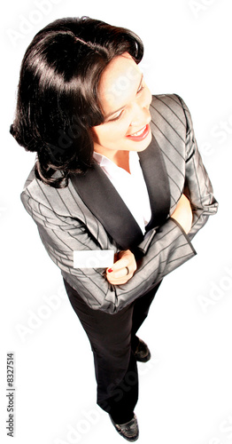 overhead perspective of smiling beautiful business woman