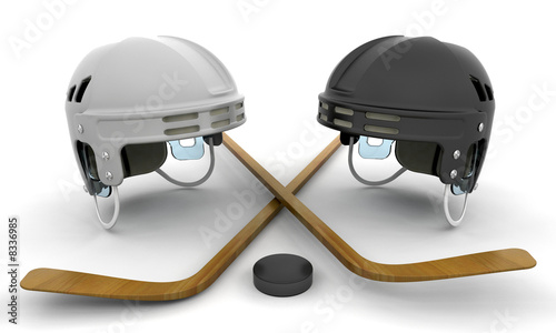 Photography Ice hockey helmets, sticks and puck