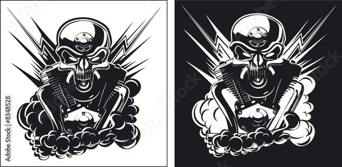 B&W skull with engine set