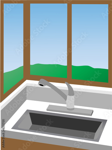 kitchen corner at sink surrounded by windows - vector