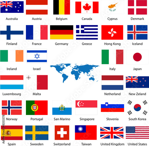 Detailed industrialized country flags and world map