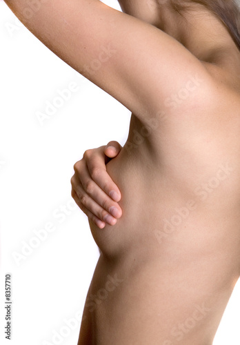 young woman exam breast, studio on white
