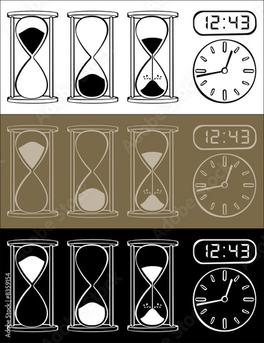 Hourglass and clock isolated on different background