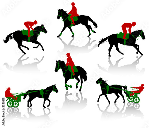 Silhouettes of equestrians on horses during competitions