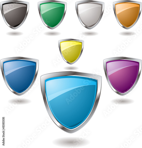 Collection of colorful shield in various colours that are blank