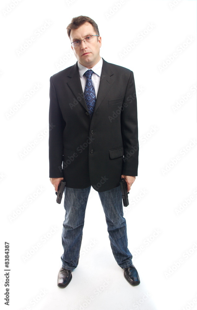 criminal businessman with two guns on white background criminal businessman with two guns on white background