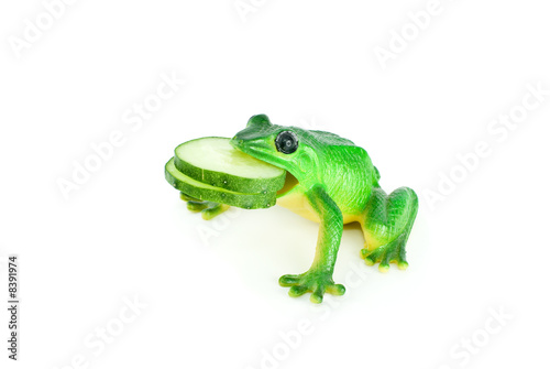 Toy frog with two cucumber slices in mouth