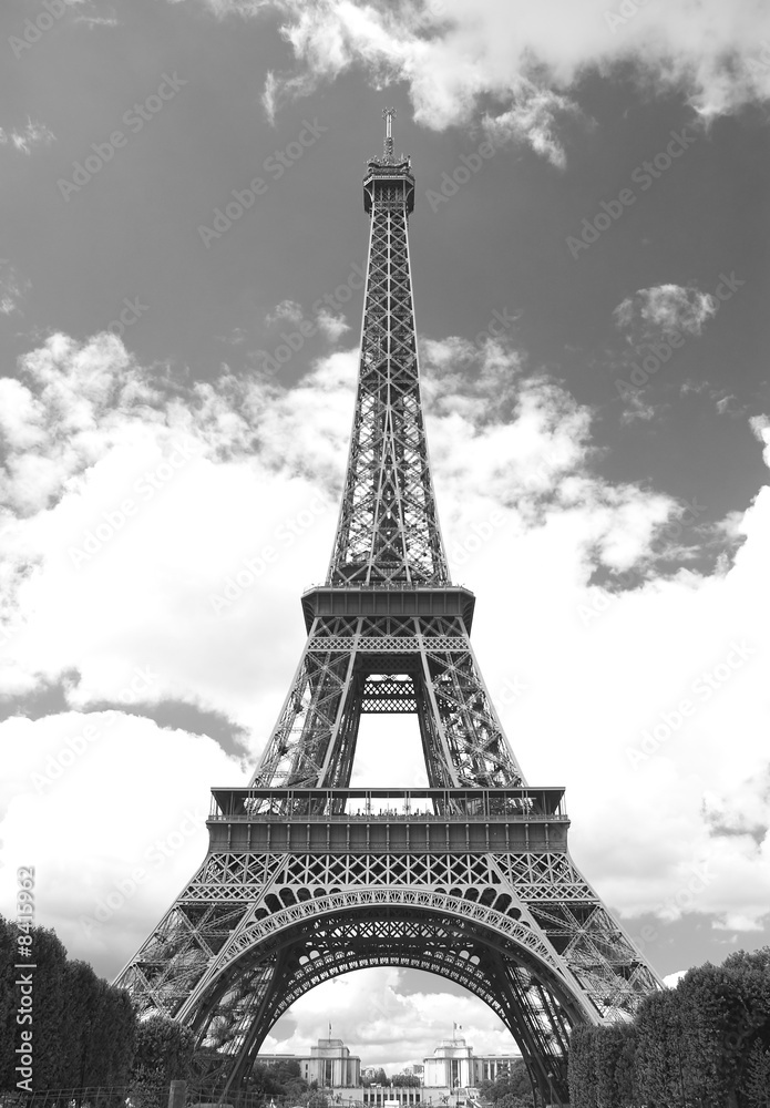 Eiffel tower on cloud sky in w&b