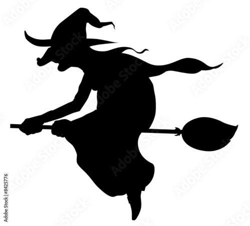 Silhouette of witch flying on broom