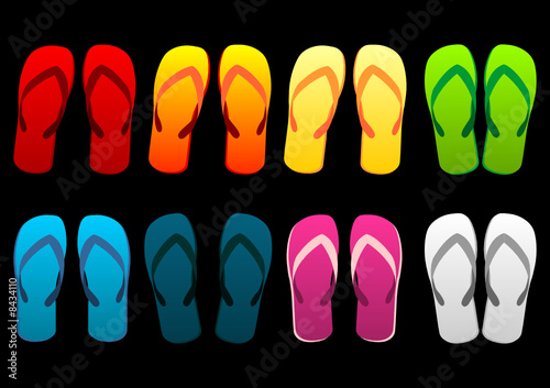 Beach sandals set. Different colorful flip-flops over black
