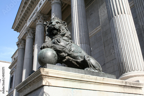 The sculpture of lion before the Spanish parliament