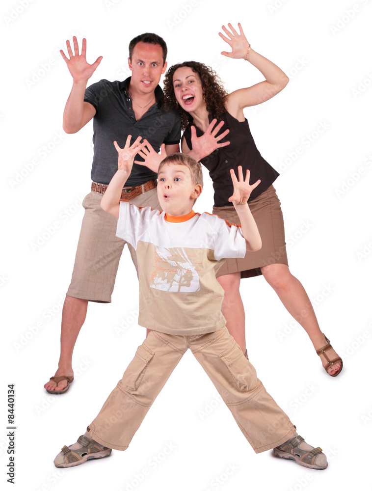 son and parents stand with lifted hands son and parents stand with lifted hands