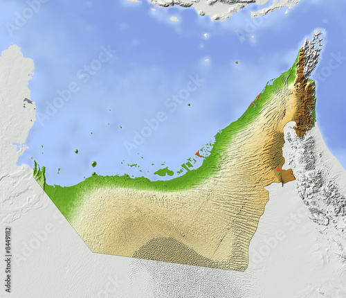 Arab Emirates, shaded relief map, colored for elevation photo