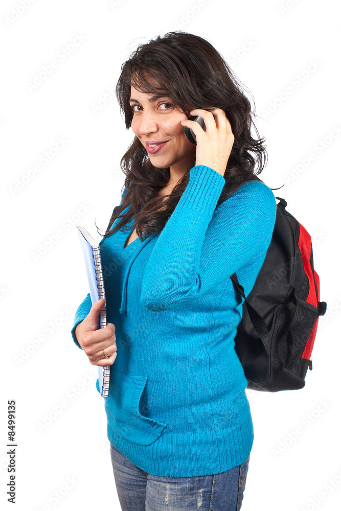 Student woman talking with phone Student woman talking with phone