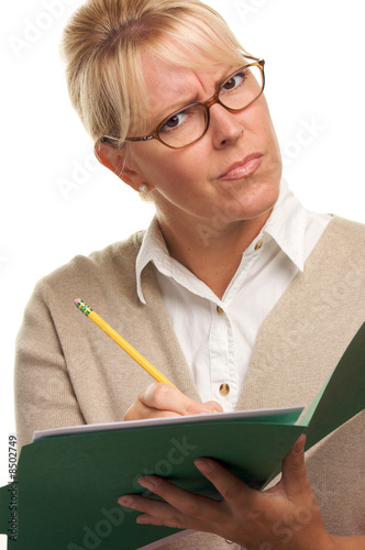 Serious Woman with Pencil a...