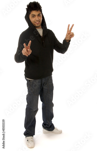 asian male showing victory signs with hands
