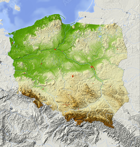 Obraz na płótnie Polska, mapa reliefowa, kolorowana według elewacji