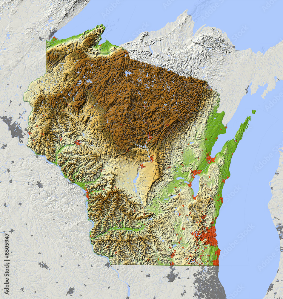 Wisconsin, relief map, colored according to elevation. Stock