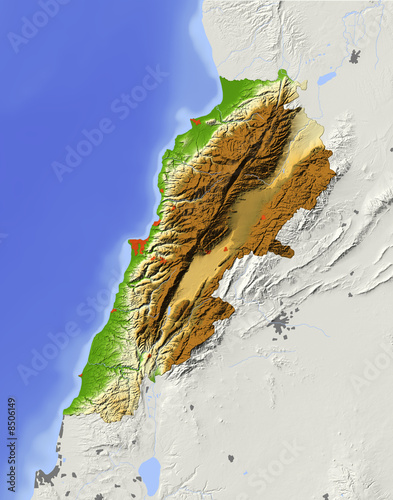Fotografie, Obraz Lebanon, relief map, colored according to elevation