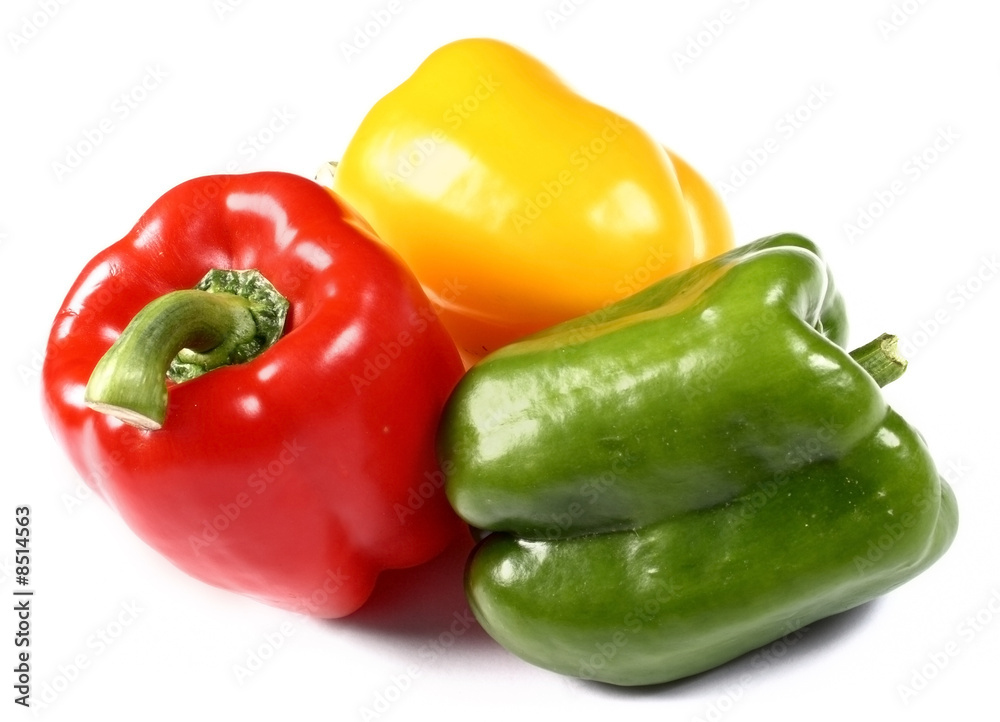 red, yellow and green paprika on white background red, yellow and green paprika on white background