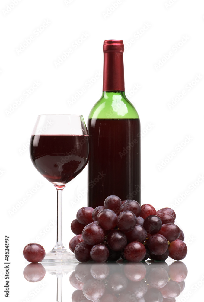 Bottle and glass of  wine  on white background