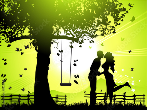 Couple walks on nature, sunset