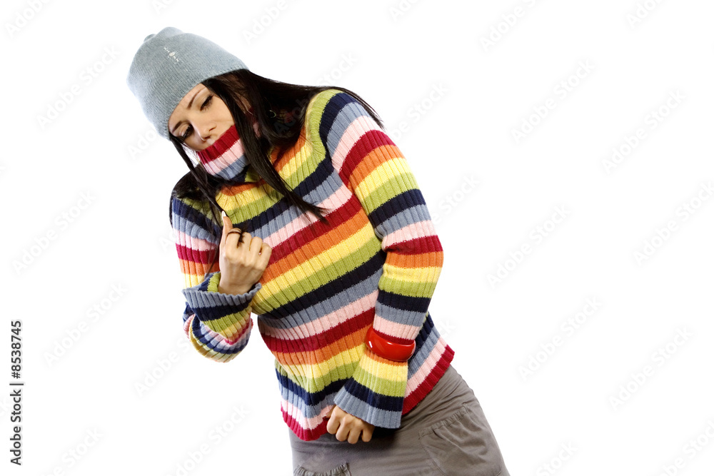 Pretty woman in winter sweater and hat Pretty woman in winter sweater and hat