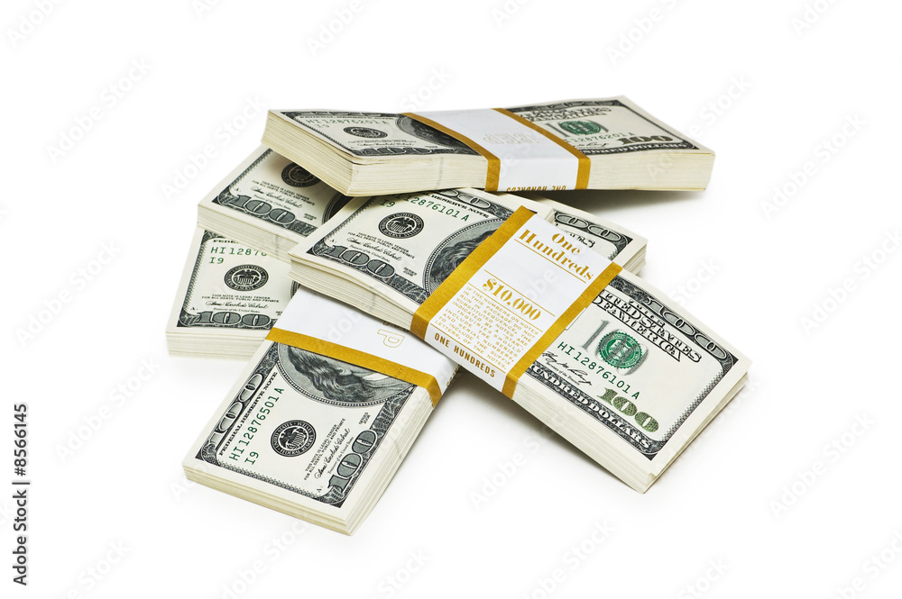Ten thousand dollar stacks on the white Ten thousand dollar stacks on the white
