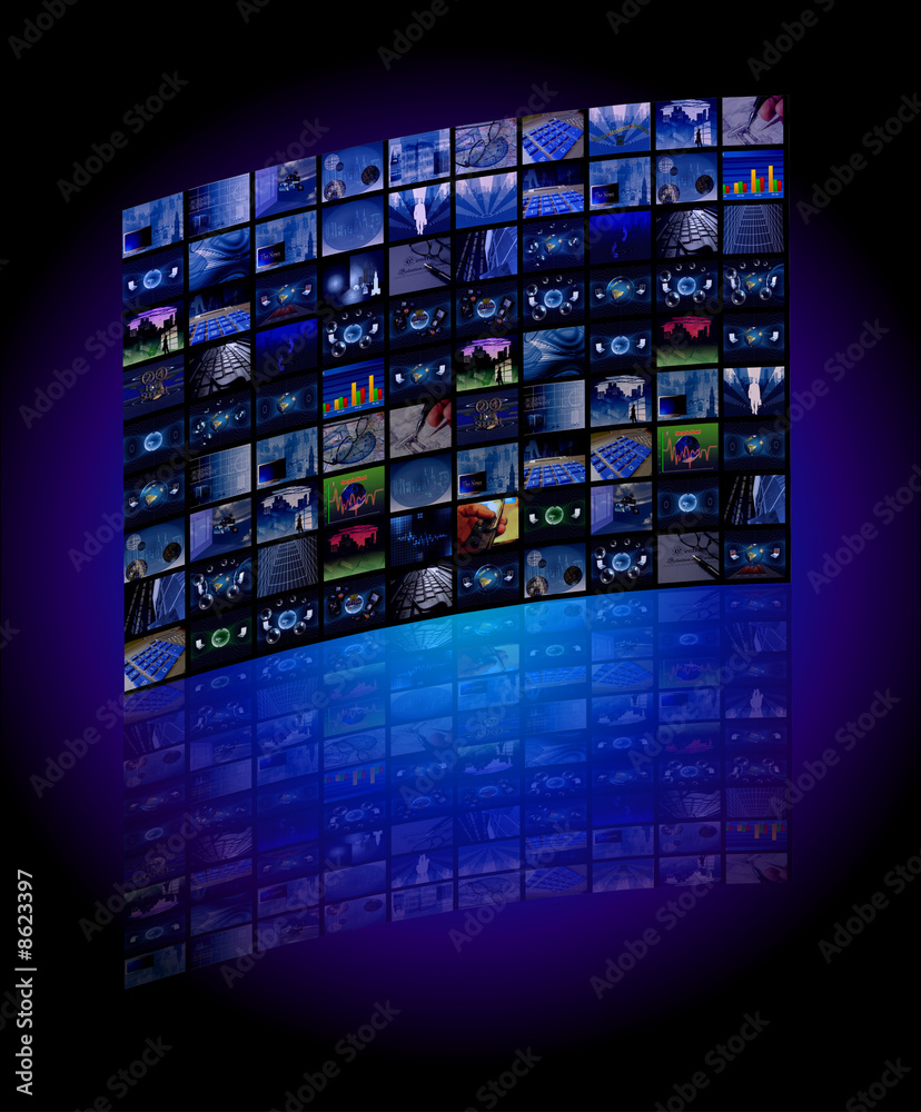 Business related Mosaic Screen reflected on a blue surface Business related Mosaic Screen reflected on a blue surface