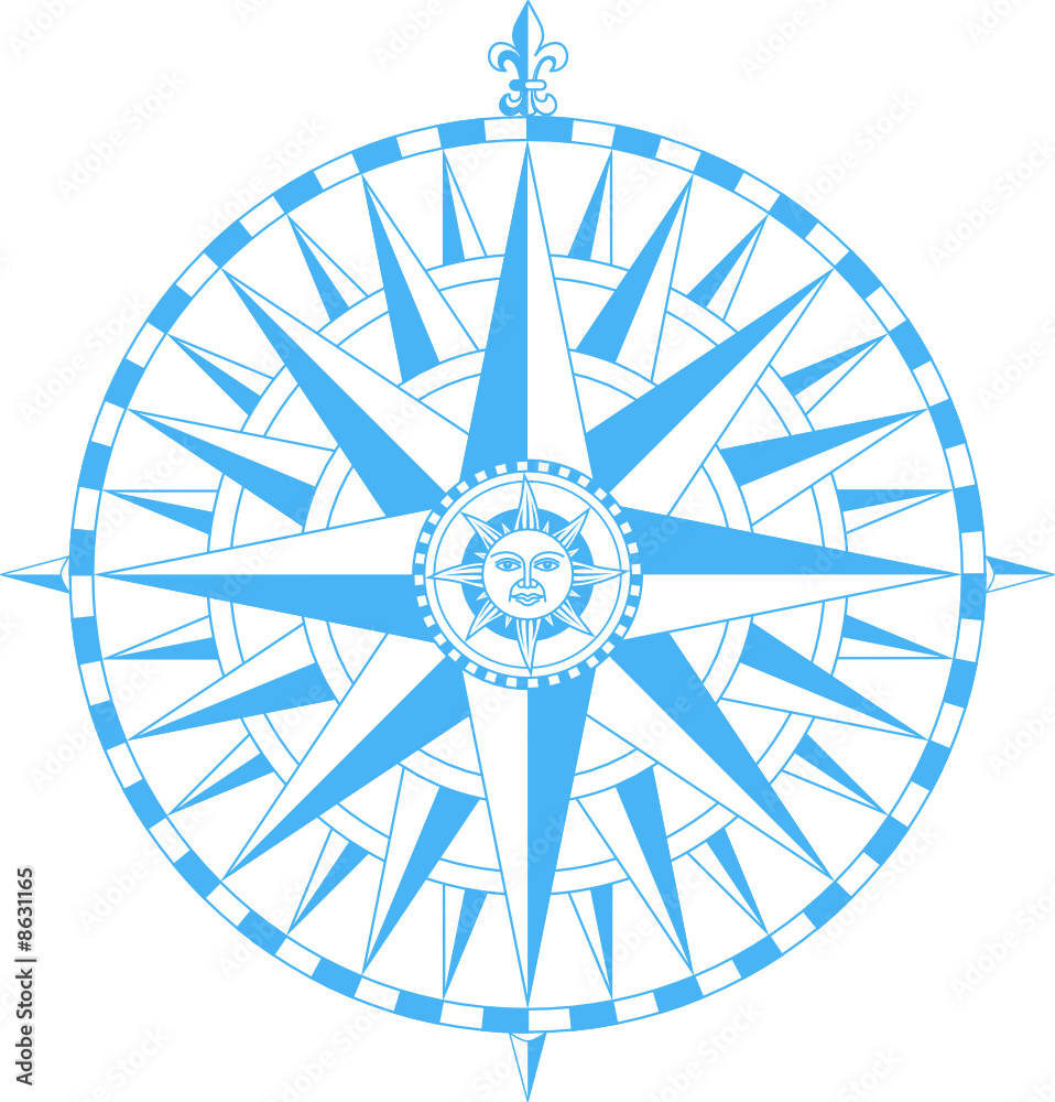 Compass wind rose with Fleur-De-Lys and sun face in center Compass wind rose with Fleur-De-Lys and sun face in center