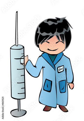 very young doctor holding big syringe