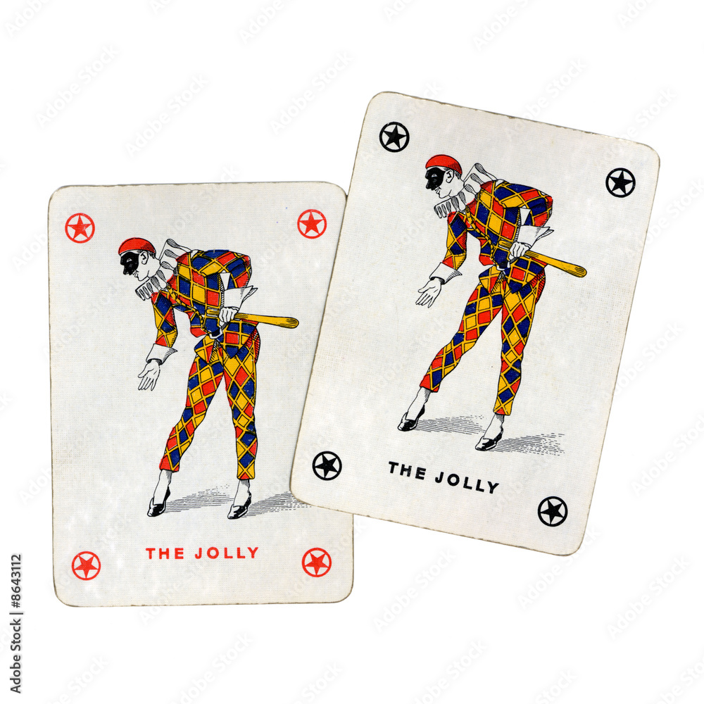 Foto Stock JOLLY JOKER COME ARLECCHINO NELLE CARTE DA GIOCO DA RAMINO |  Adobe Stock