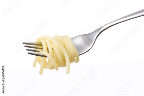 spaghetti on a fork over white background