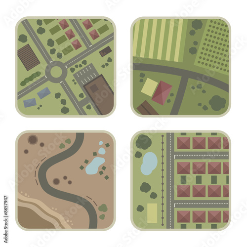four maps, town, countryside, desert and suburbs
