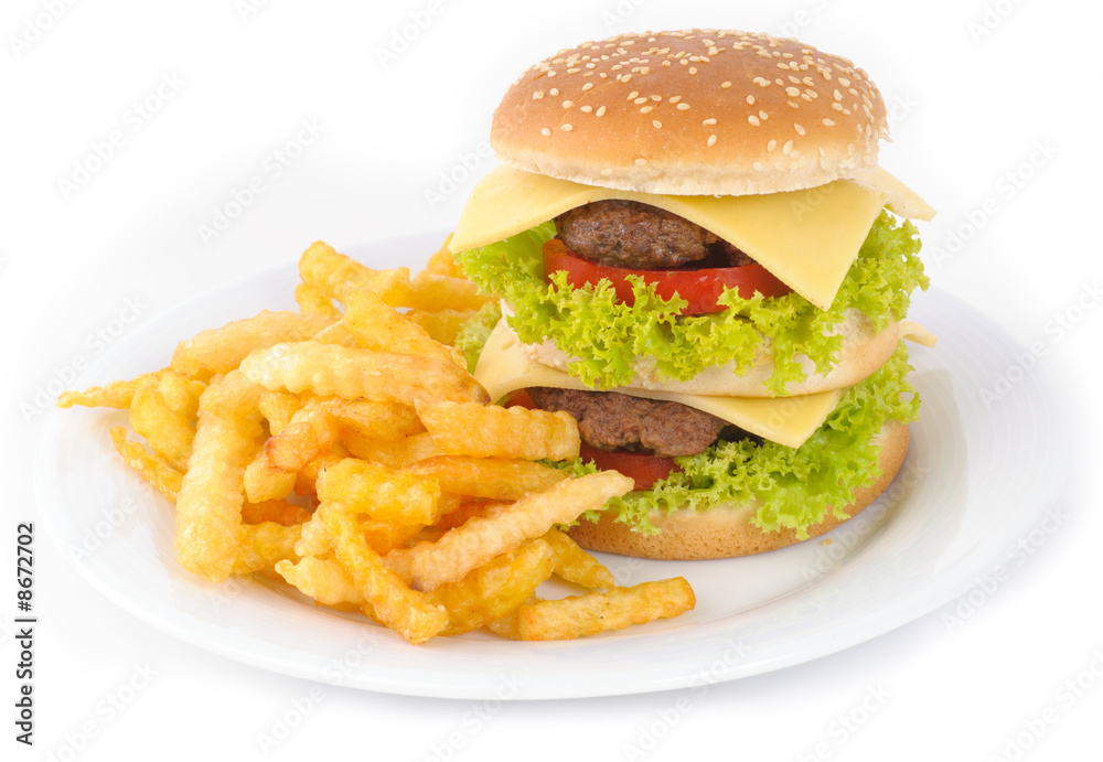 Tasty hamburger with potatoes isolated on white background Tasty hamburger with potatoes isolated on white background