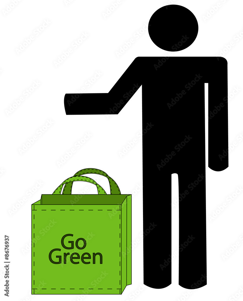 person with recycleable bag that says go green person with recycleable bag that says go green